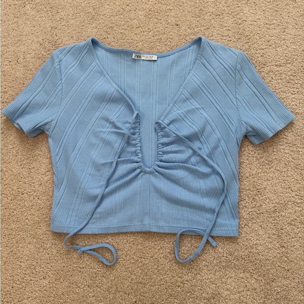 Zara Sky Blue Ribbed V-Neck Drawstring Crop Top